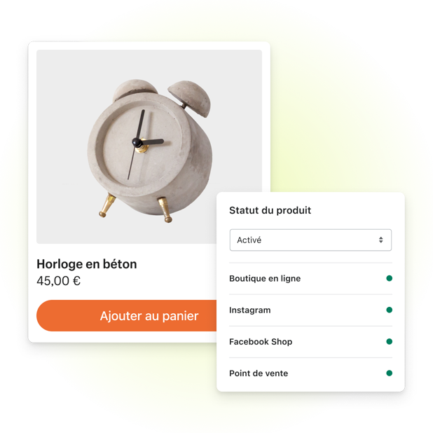 En arrière-plan, une page de paiement en ligne montre un réveil en béton avec un bouton en dessous : « Ajouter au panier. » Au premier plan, un écran de l’interface administrateur Shopify indiquant le réveil en béton est disponible à la vente sur les canaux de vente suivants : boutique en ligne, Instagram, Facebook Shop et Point de vente